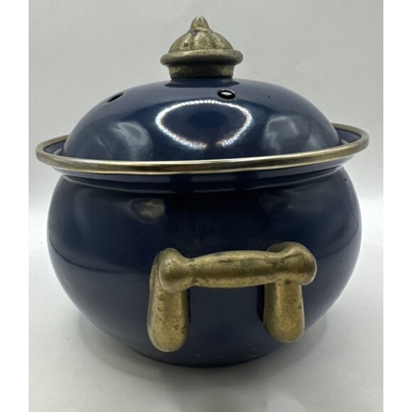 Vintage Brass and Enamel Blue Garlic Candle Pot with Vented Lid Brass Handles - Picture 4 of 8